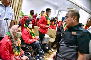 Gubernur Sumut Edy Rahmayadi menyambut kedatangan para Atlet Sumut yang mewakili Indonesia pada ajang Asean Para Games di Ruang VIP Bandar Udara Internasional Kualanamu