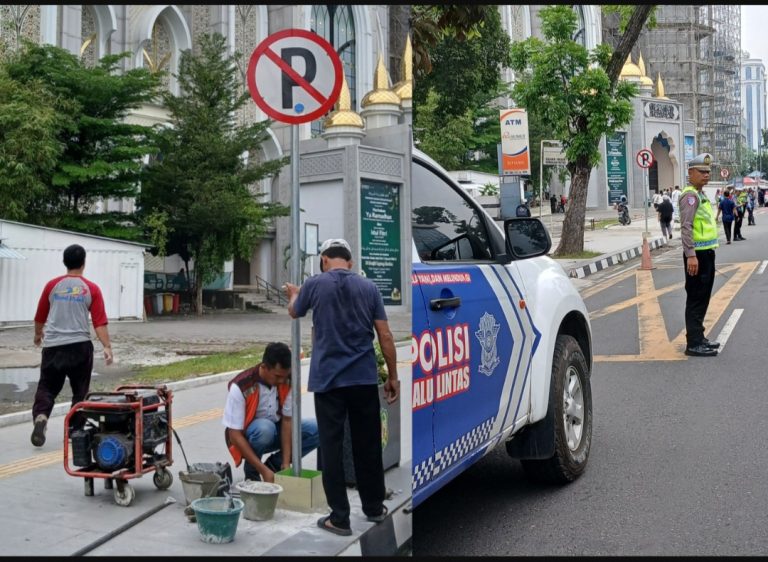 Dishub Kota Medan Pasang Rambu Larangan Parkir di Depan Masjid Agung